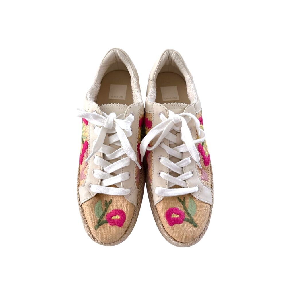 Dolce Vita Azalia Sand Floral Sneakers Women’s 10 Embroidered Raffia Statement